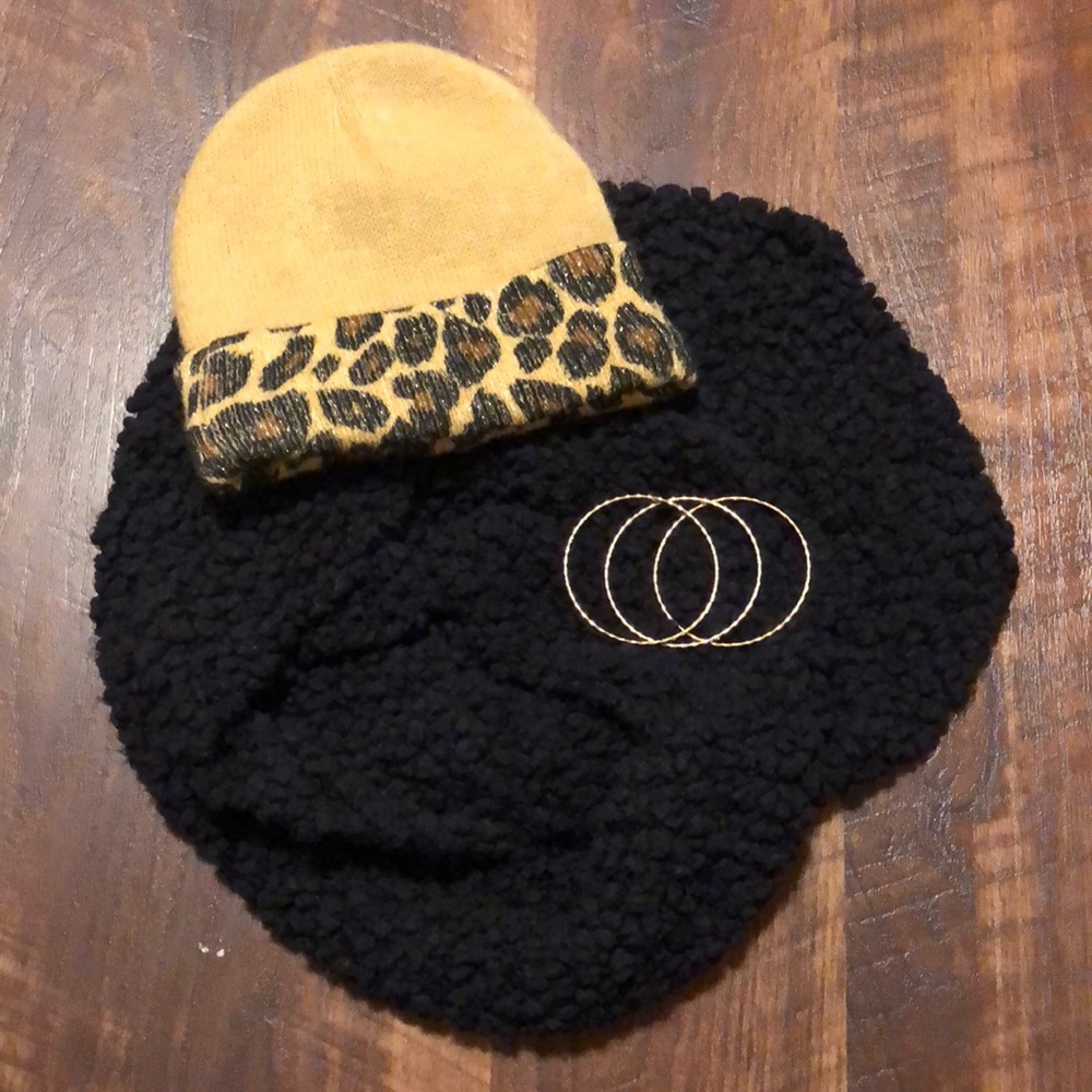 Hand knit scarf, gold bangles & beanie